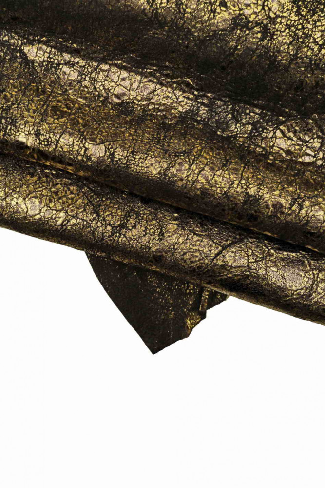 Metallic SPORTY leather skin, black suede goatskin with gold foil, wrinkled distressed metallic hide, medium softness