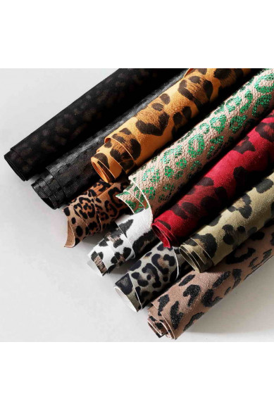 Scampoli di pelle miste stampa LEOPARDO, lamine, fantasie varie e morbidezze varie, ideali per l'artigianato  0,500 kg