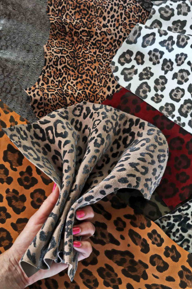 Scampoli di pelle miste stampa LEOPARDO, lamine, fantasie varie e morbidezze varie, ideali per l'artigianato  0,500 kg