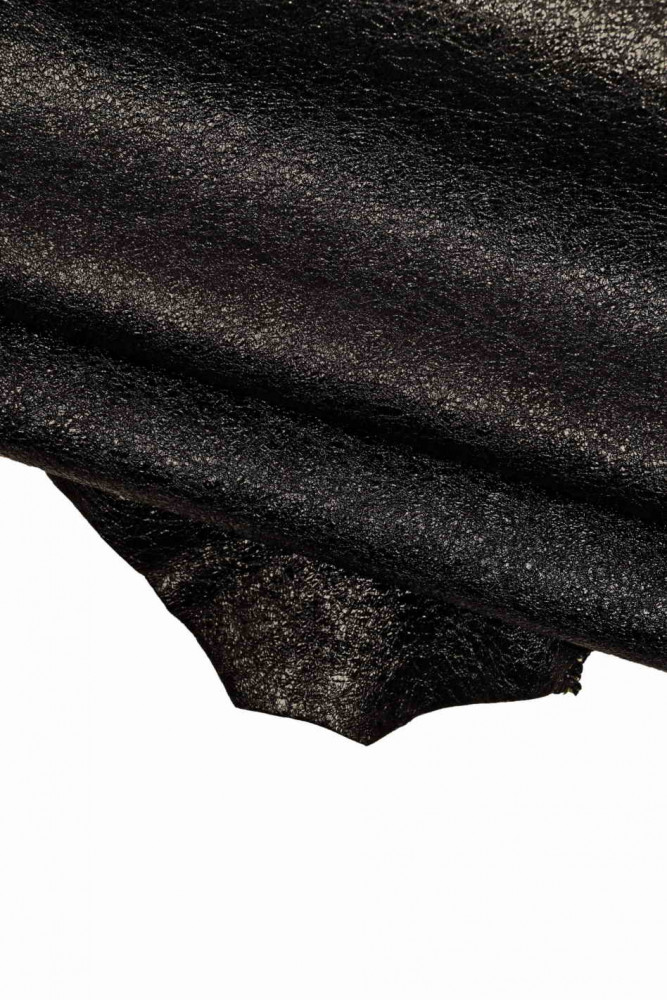 Black METALLIC leather skin, wrinkled goatskin, bright glossy soft skin