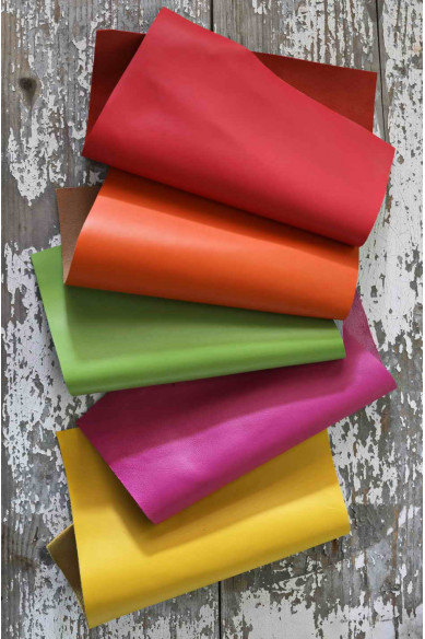 5 Selected leather pieces, bright colorful palette, smooth calf leather remnants as per pictures