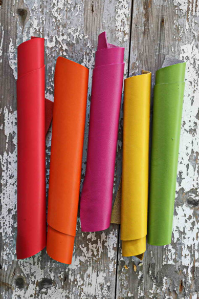 5 Selected leather pieces, bright colorful palette, smooth calf leather remnants as per pictures