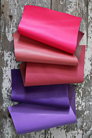 5 Selected leather pieces, PINK and PURPLE palette, calf leather remnants as per pictures