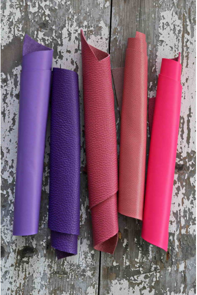 5 Selected leather pieces, PINK and PURPLE palette, calf leather remnants as per pictures