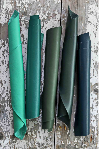 5 Selected leather pieces, GREEN, calf smooth leather remnants as per pictures