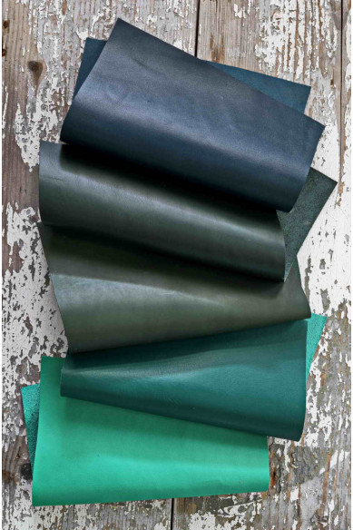 5 Selected leather pieces, GREEN, calf smooth leather remnants as per pictures