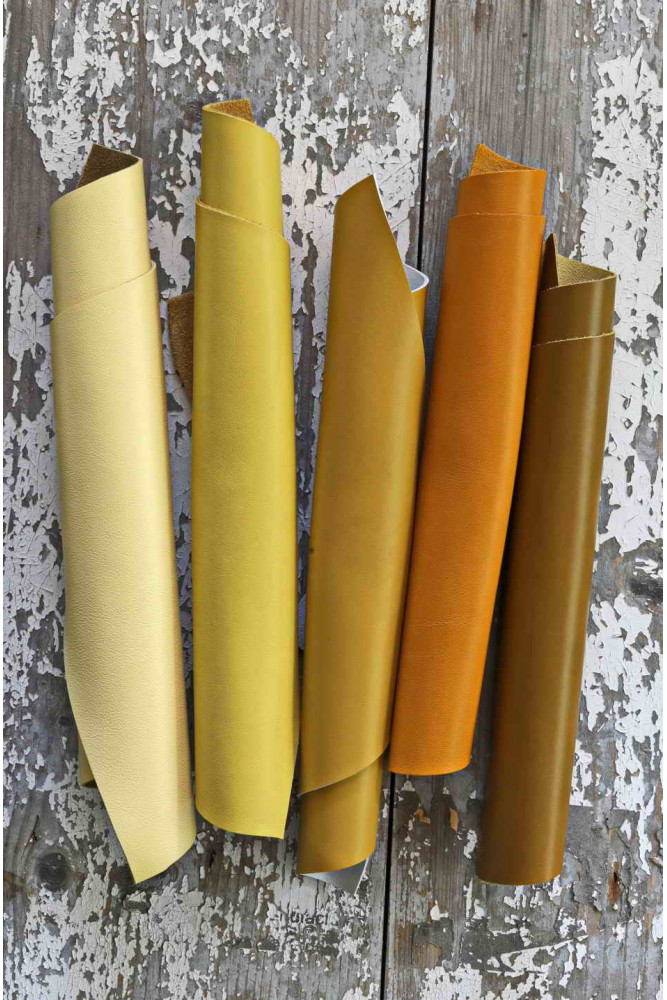 5 Selected leather pieces, YELLOW palette, smooth calf leather remnants as per pictures