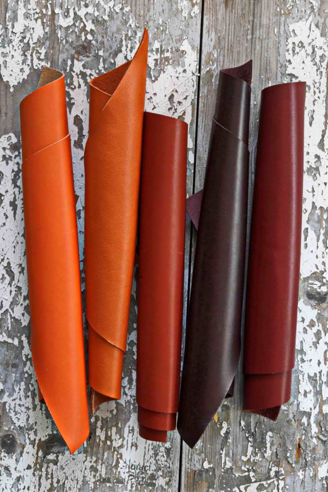 5 Selected leather pieces, brown and orange palette, smooth calf leather remnants as per pictures
