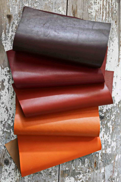 5 Selected leather pieces, brown and orange palette, smooth calf leather remnants as per pictures