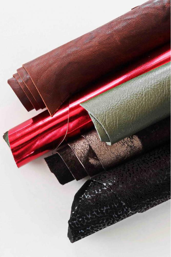 5 Selected leather scraps, autumn selection, BROWN, RED, GREEN tones, mix of remnants as per pictures