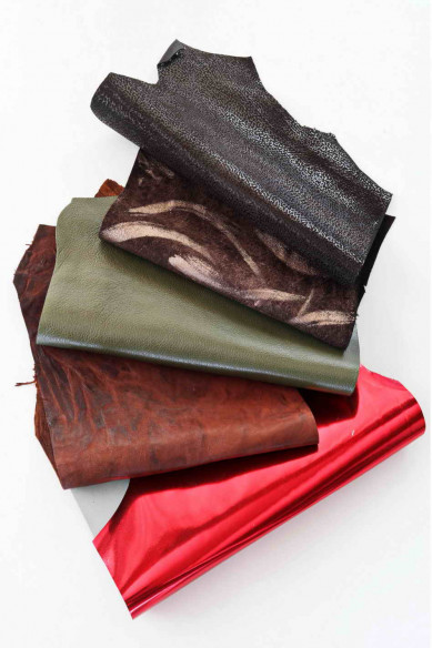5 Selected leather scraps, autumn selection, BROWN, RED, GREEN tones, mix of remnants as per pictures