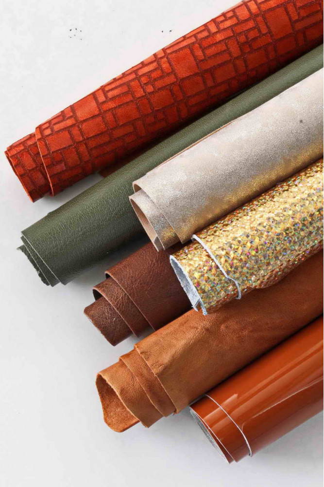 7 Selected leather scraps, warm tones, light GOLD, BROWN, GREEN, mix colorful selection leather remnants as per picture