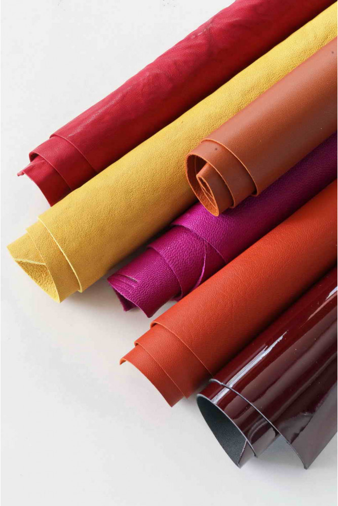 6 Selected leather scraps in BRIGHT COLORS, mix colorful leather remnants as per pictures