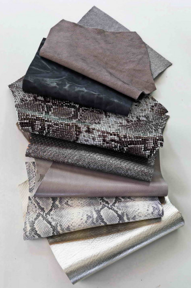 7 Selected leather scraps in GREY tones, mix fantasy leather remnants as per pictures