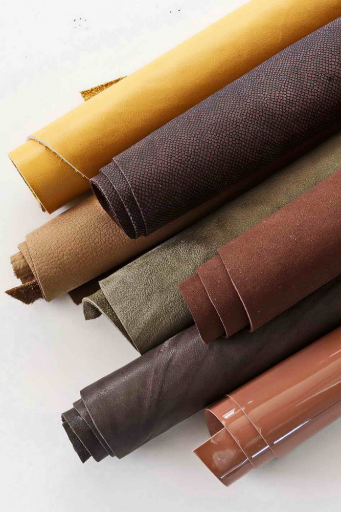 7 Selected leather scraps, autumn palette, BROWN, YELLOW, GREEN, PINK tones, mix leather remnants as per picture