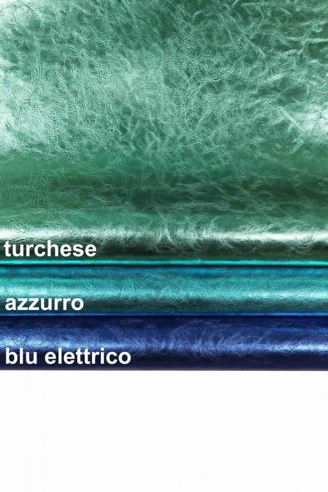 Turquoise, light blue, electric blue METALLIC goatskin, wrinkled glossy skin, soft bright leather skin