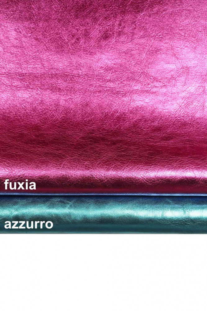 Fuchsia, light blue METALLIC leather hide, bright wrinkled cowhide, glossy calfskin, medium softness