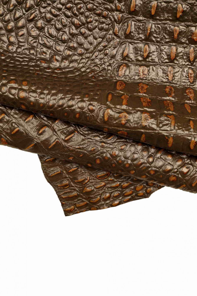 BROWN crocodile embossed leather hide with rust metallic shades, alligator print on stiff cowhide, croc print on calfskin