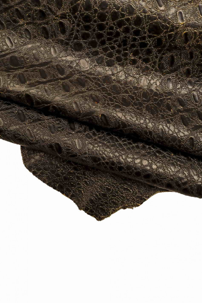 BLACK crocodile printed leather skin, alligator embossed goatskin, soft sporty hide
