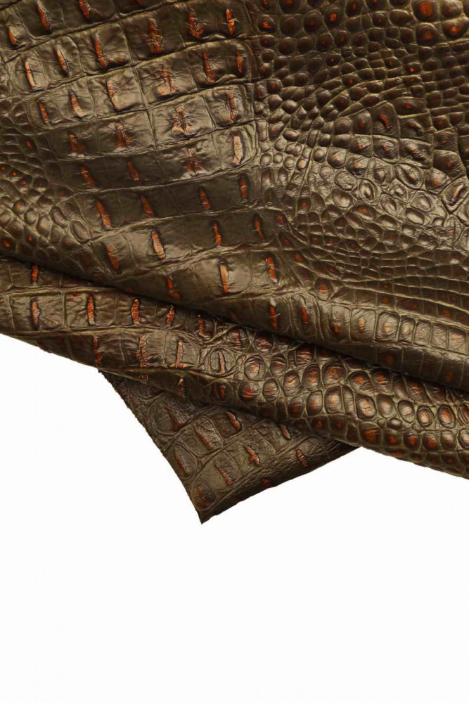 Brown CROCODILE embossed leather hide, glossy alligator printed cowhide, stiff croc print calfskin