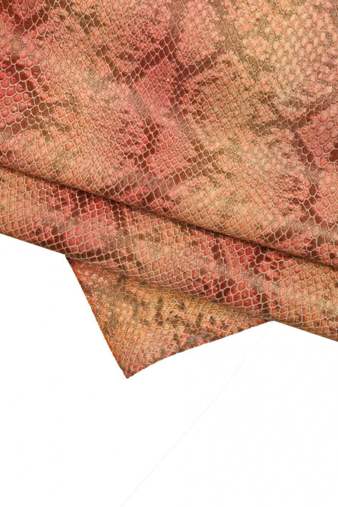Pink REPTILE textured leather hide, snake pattern on soft cowhide, animal print on semi glossy calfskin