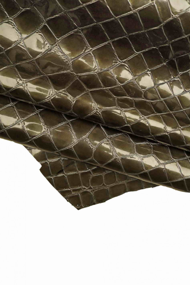 Crocodile PRINTED leather skin, greyish green glossy embossed goatskin, animal print on soft patent hide