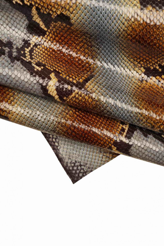 SNAKE textured leather hide, brown light blue black python printed cowhide, reptile print on glossy stiff calfskin