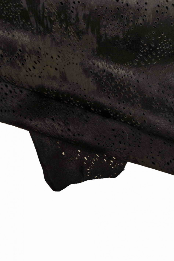 Black grey PERFORATED hair on leather hide, acid effect on printed pony calfskin, vintage distressed soft hairy cowhide