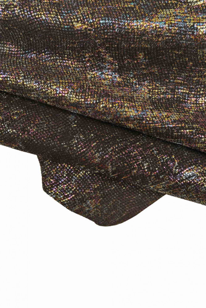 HOLOGRAPHIC bright leather skin, multicolor metallic goatskin, black hide with metallic abstract pattern