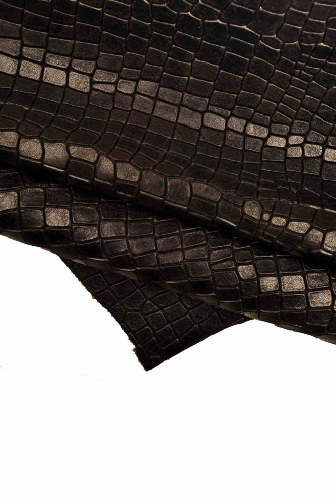 Dark BROWN crocodile embossed leather hide, sglossy croc printed cowhide, sporty calfskin, medium softness