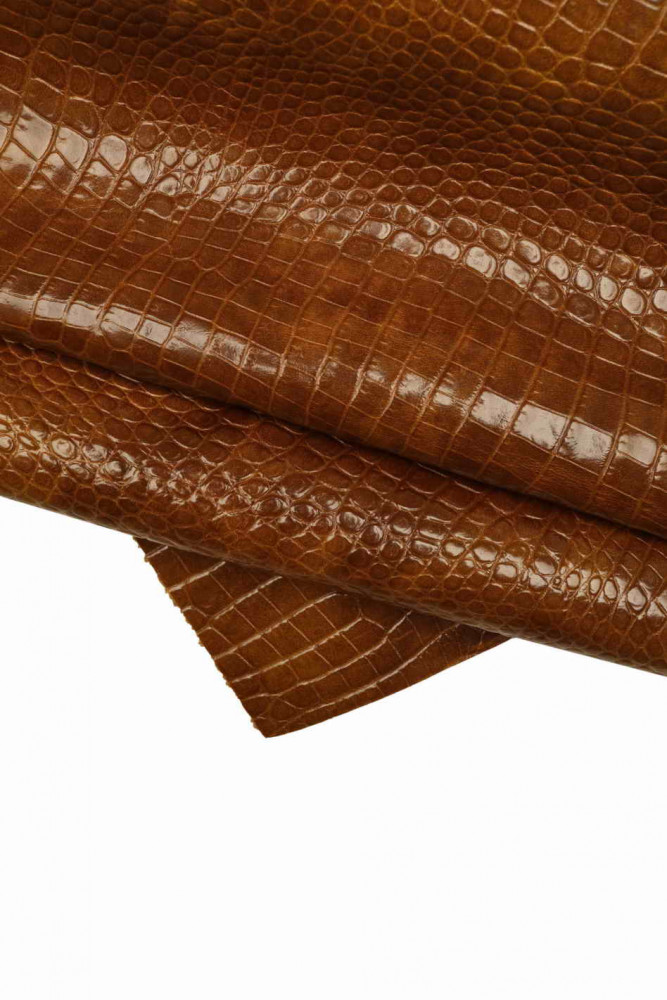 Brown CROCODILE embossed leather hide, glossy tan cowhide with shades, stiff croc printed calfskin