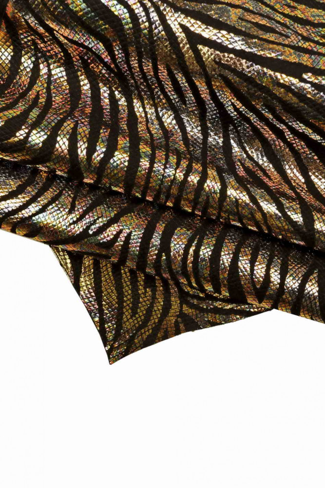 HOLOGRAPHIC zebra textured leather skin, multicolor metallic animal print on black soft goatskin