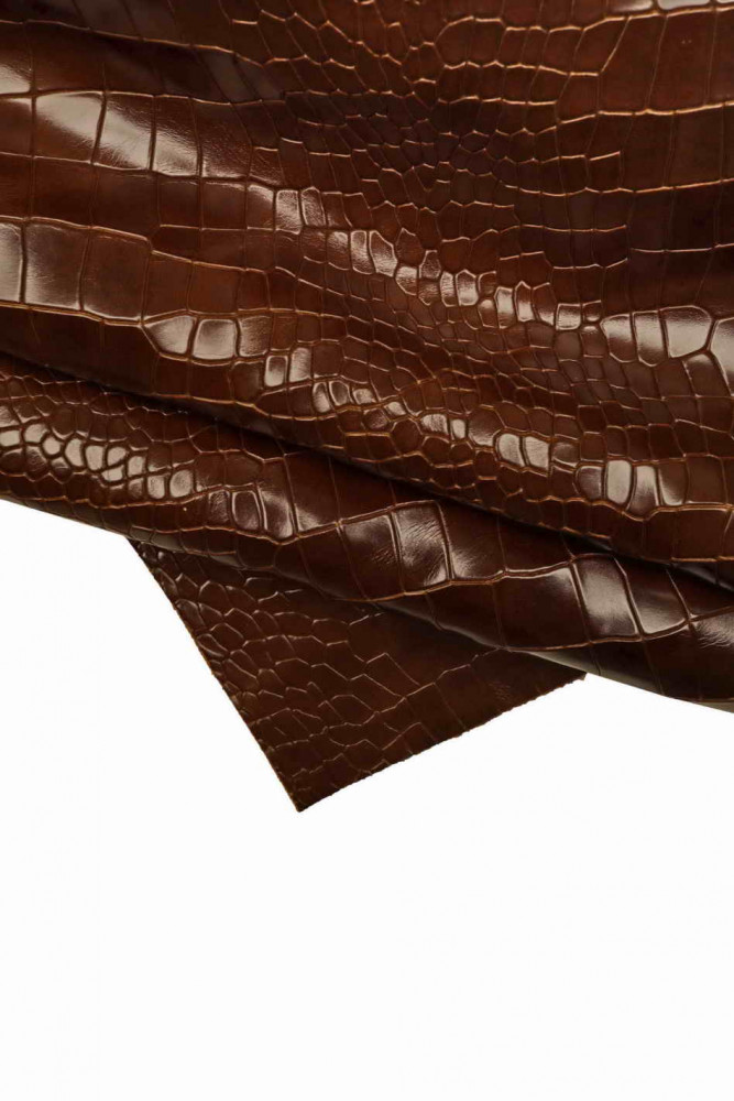 Brown CRCODILE embossed leather hide, glossy croc printed calfskin, animal print on classic cowhide, medium softness