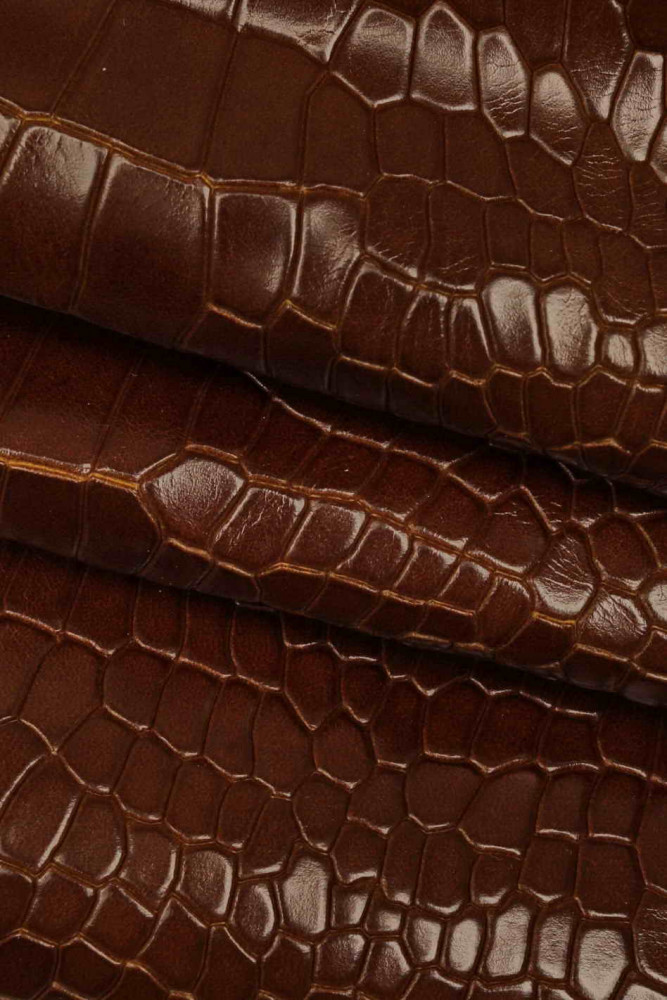 Brown CRCODILE embossed leather hide, glossy croc printed calfskin, animal  print on classic cowhide, medium softness