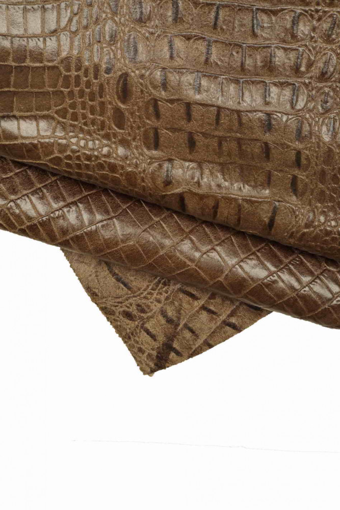 Brown ALLIGATOR embossed calfskin, stiff glossy leather hide, crocodile printed cowhide