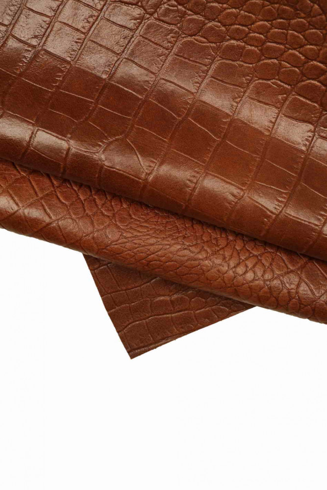 Brown CROCODILE embossed leather hide, soft croc printed cowhide, alligator print on glossy calfskin