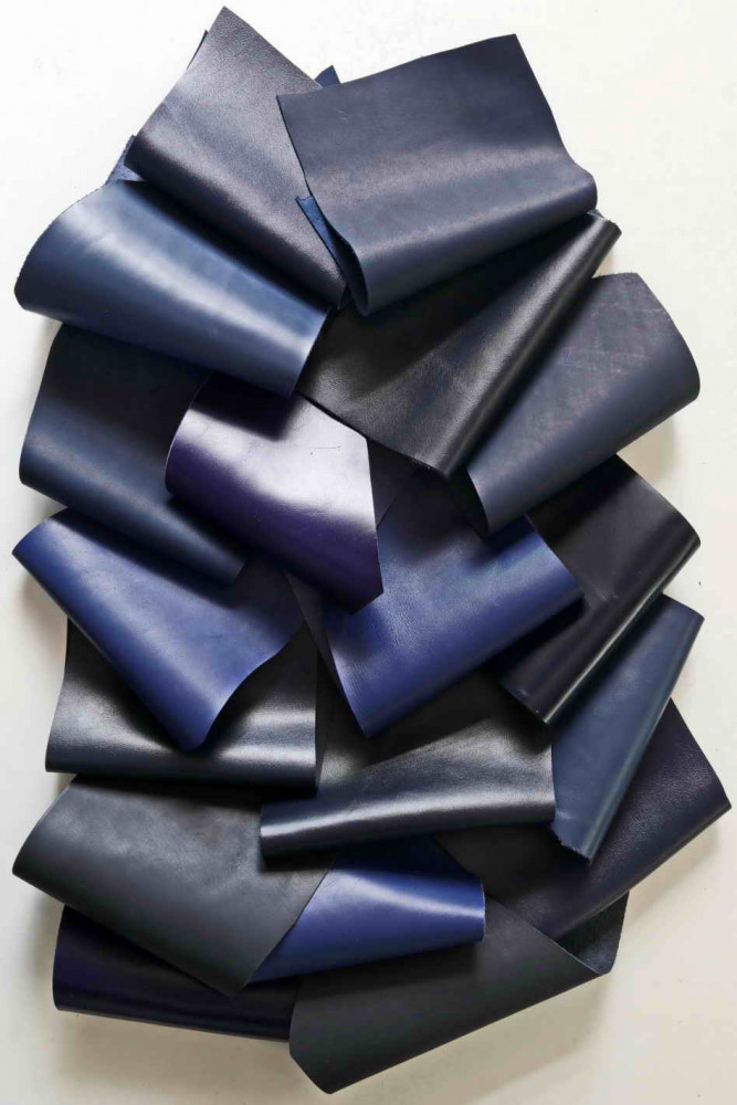 SMOOTH calf SCRAPS bag, solid color different tones of blue, softness and finishings various from 1.0 to 1.3 mm(2-3 oz)   1 lbs