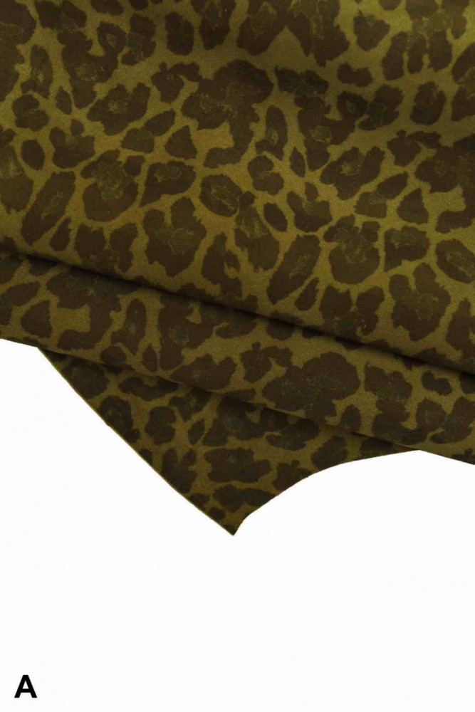 Green LEOPARD textured leather skin, animal print suede goatskin, cheetah pattern on soft skin
