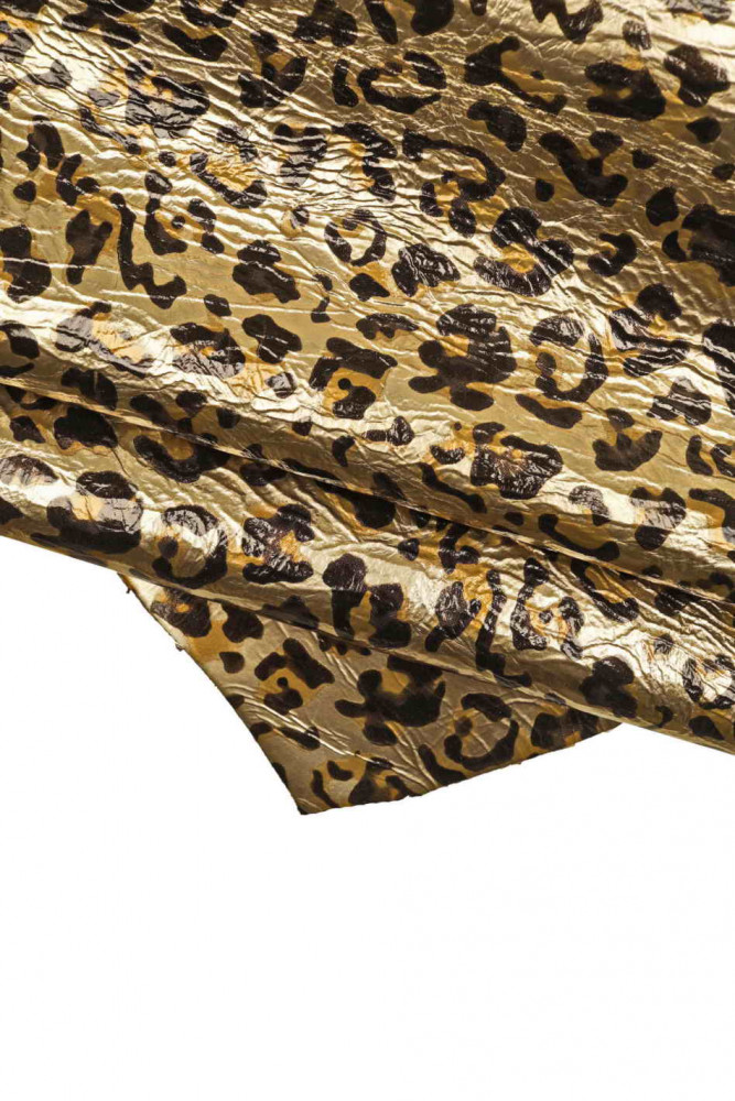 LEOPARD textured leather skin, animal printed metallic goatskin, cheetah print on bright wrinkled platinum skin