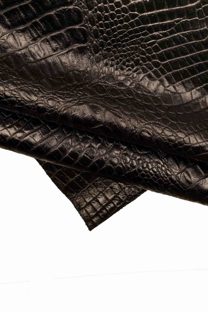 Black CROCODILE embossed leather hide, glossy alligator print cowhide, stiff animal textured calfskin