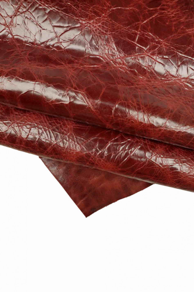 Burgundy VINTAGE leather hide, wrinkled pull up cowhide, dark red vegetable tan stiff calfskin
