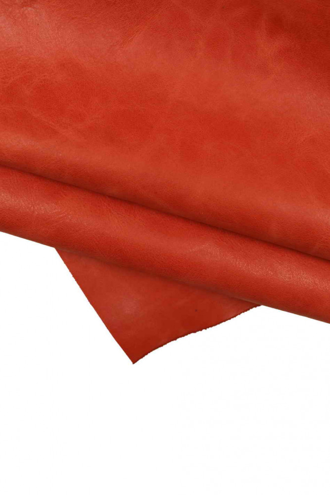 Red VINTAGE leather hide, pull up sporty vegetable tan cowhide, red wrinkled calfskin, medium softness