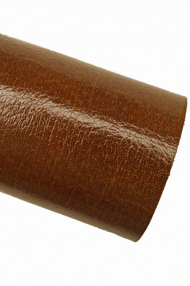 Brown GLOSSY leather hide, sporty calfskin with wrinkles, stiff thick cowhide 1.8 - 2.1 mm