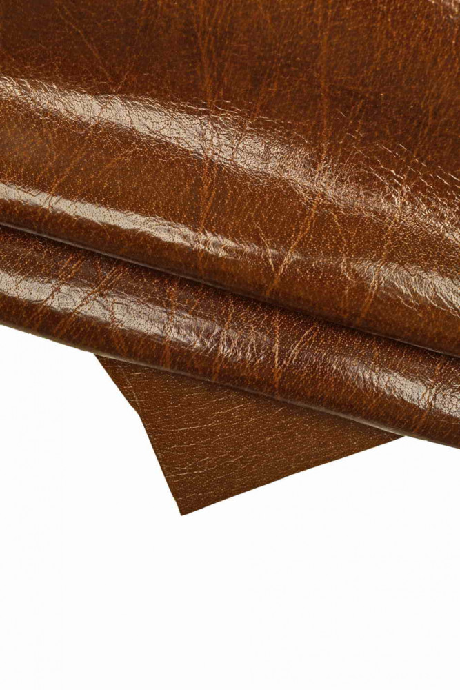 Brown GLOSSY leather hide, sporty calfskin with wrinkles, stiff thick cowhide 1.8 - 2.1 mm