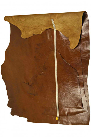 Brown GLOSSY leather hide, sporty calfskin with wrinkles, stiff thick cowhide 1.8 - 2.1 mm