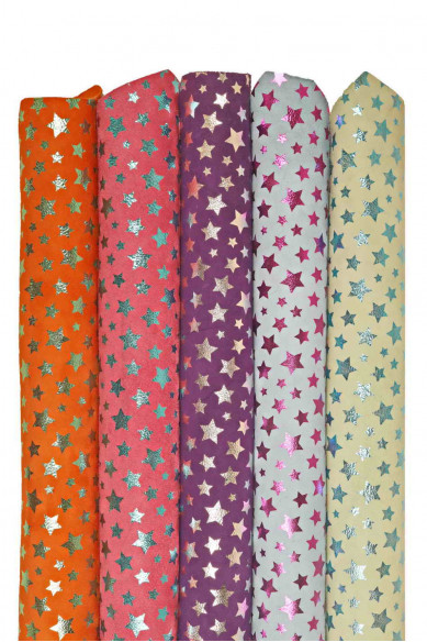 Camoscio stampa STELLE, pellame scamosciato laminato disegno stellina, pelle morbida stampata metallizzata