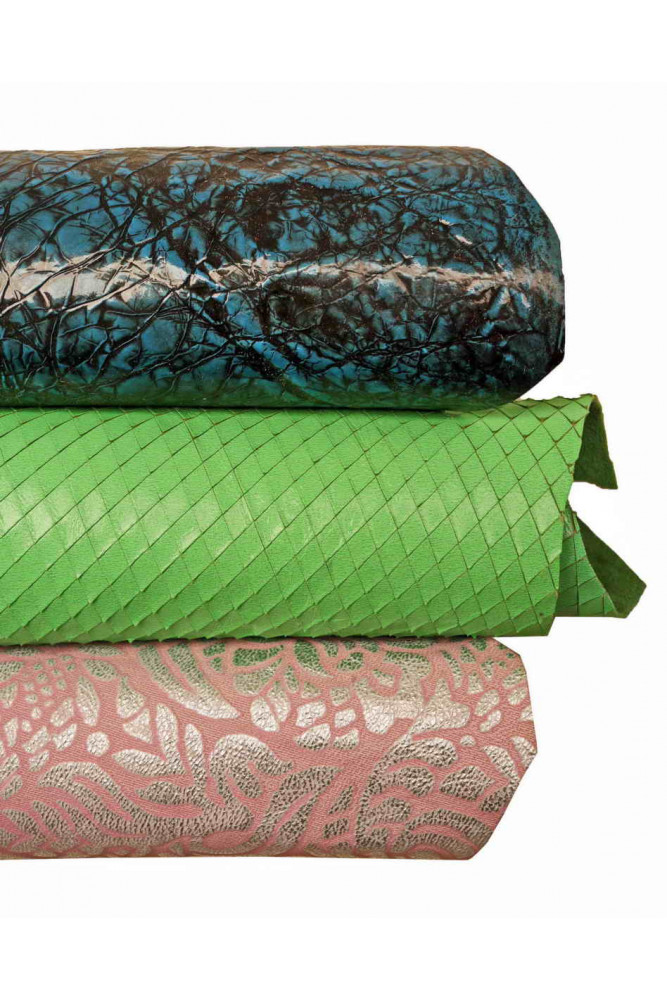 Wholesale of METALLIC printed leather skins, mix of 3 assorted goatskins green pink hides as per picture