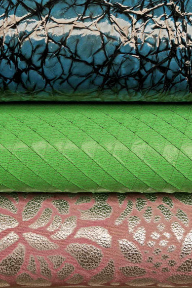 Lotto di 3 pelli LAMINATE stampate, pellami misti assortiti verde rosa come da foto