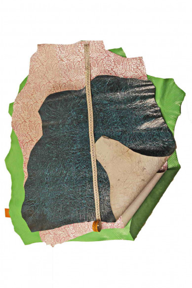 Lotto di 3 pelli LAMINATE stampate, pellami misti assortiti verde rosa come da foto