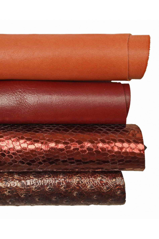 Boundle of RED burgundy leather skins, 4 assorted solid color, metallic, printed leather hides as per picture